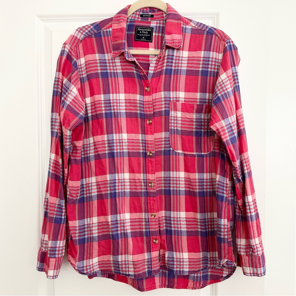 Abercrombie Boyfriend Fit Fall Red & Blue Plaid Long Sleeve Button Down Shirt
